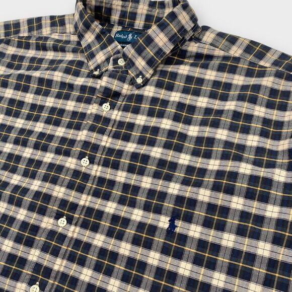 VINTAGE Ralph Lauren Shirt Mens 2XLT Tall Beige Black Check Woven Button Down - Picture 5 of 16